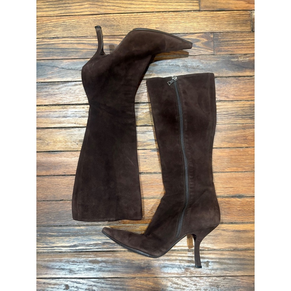Prada Milano Womens Brown Suede Pointed Toe Kitten Heel Knee High Boots - Picture 3 of 9